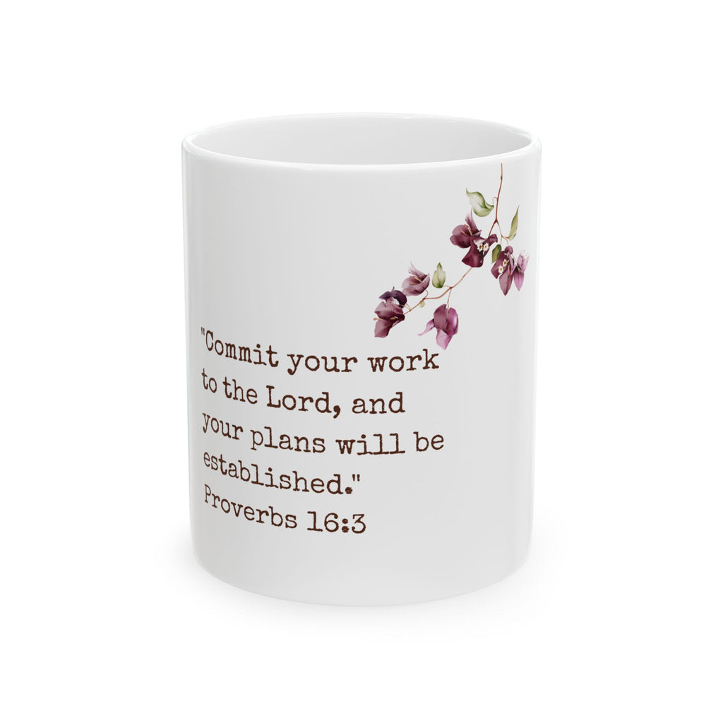 Inspirational Scripture Mug - "Commit your work to the Lord" Proverbs 16:3 Ceramic Coffee Cup