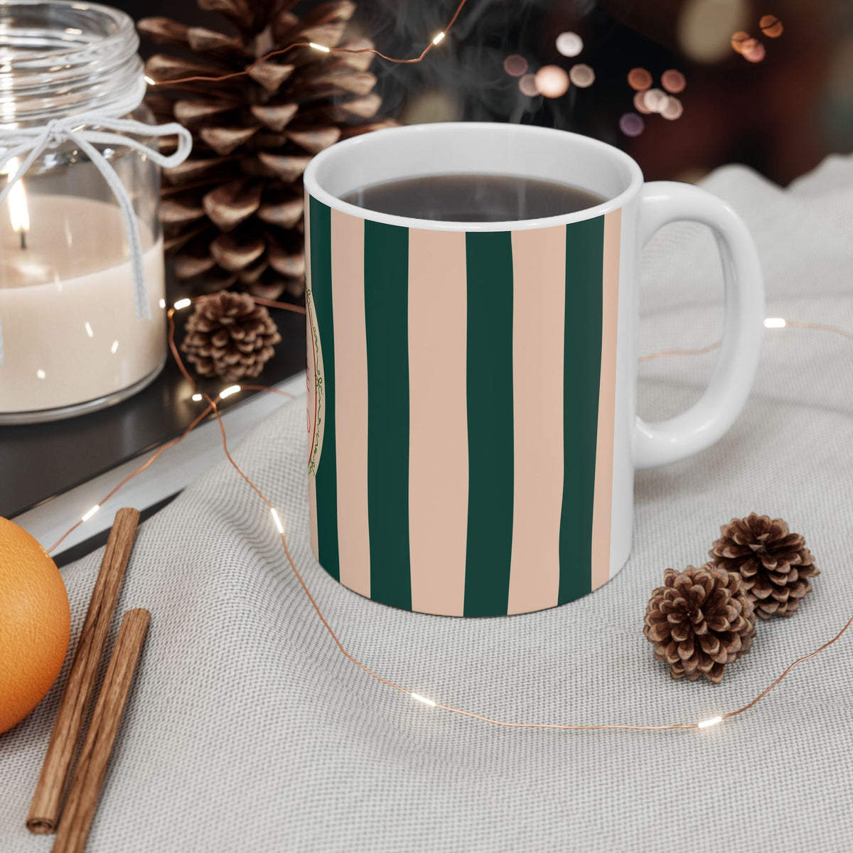 Joy to the World Ceramic Mug — Striped Holiday Coffee Cup (11oz & 15oz)